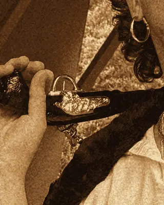 Close-up of the cane's ornate silver handle.