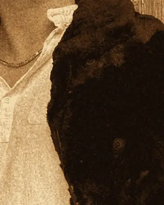 Close-up of the black fur coat's lapel against his white shirt.