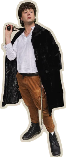A cardboard stand-in of the suspect in a fur coat, wearing an obviously fake curled mustache, held upright by a cardboard support.