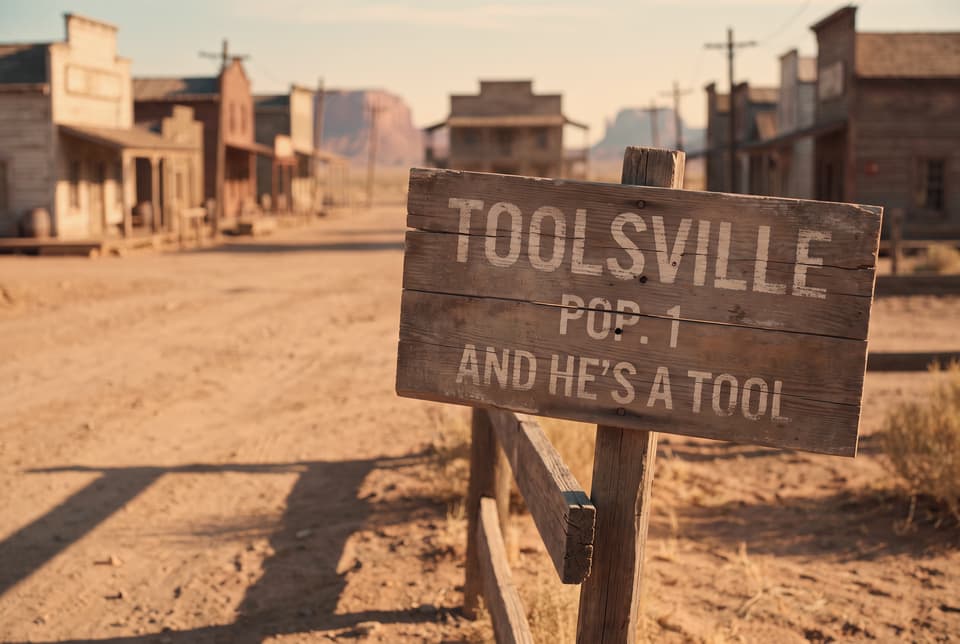 A weathered town sign: Toolsville, pop. 1, and he's a tool.